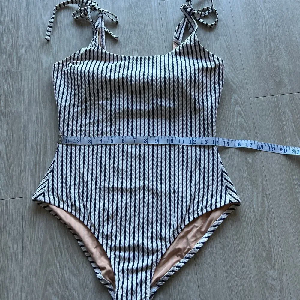 J Crew Factory Striped Tie Shoulder One Piece Swimsuit Large Antique Navy White